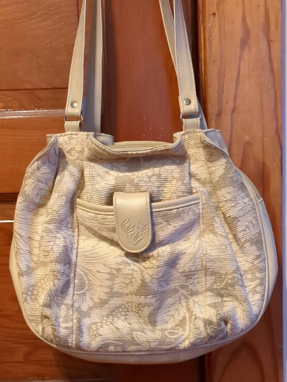 Vintage Beige Floral Shoulder Bag with Front Pocket